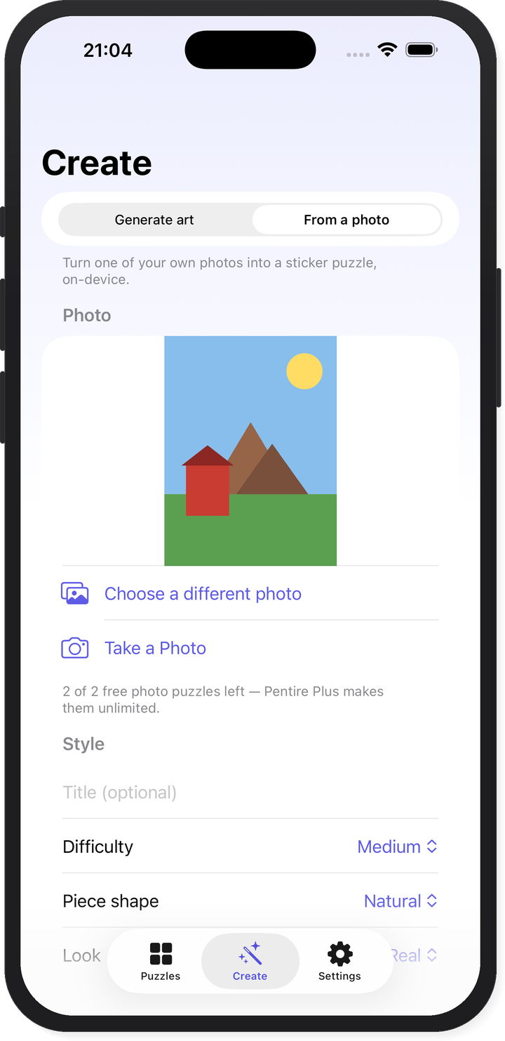 Pentire Create tab in From-a-Photo mode with library and camera options plus difficulty, piece shape, and look settings