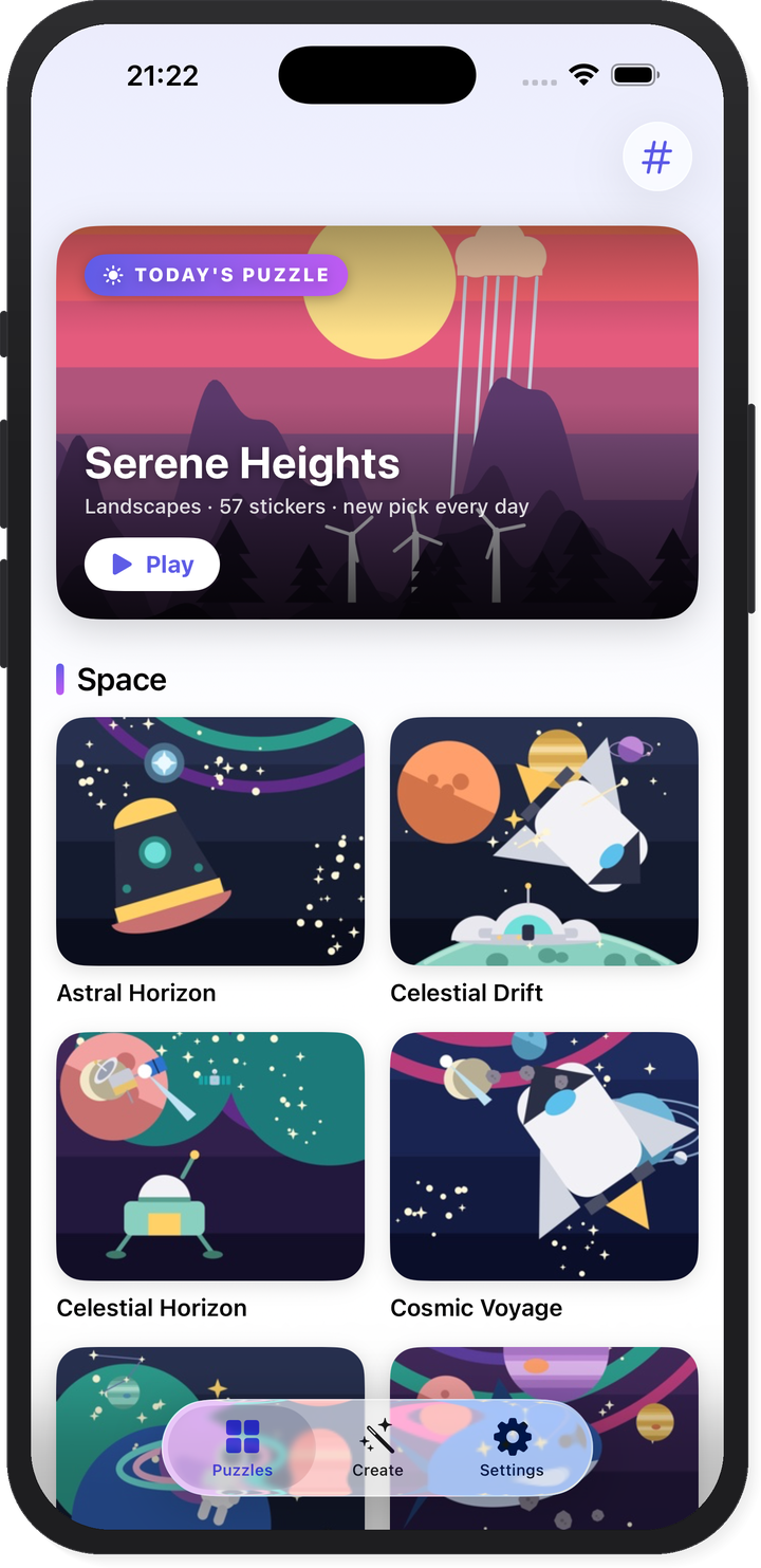 Pentire library screen with a daily featured puzzle and a grid of colorful original puzzles — rockets, flying saucers, and planets