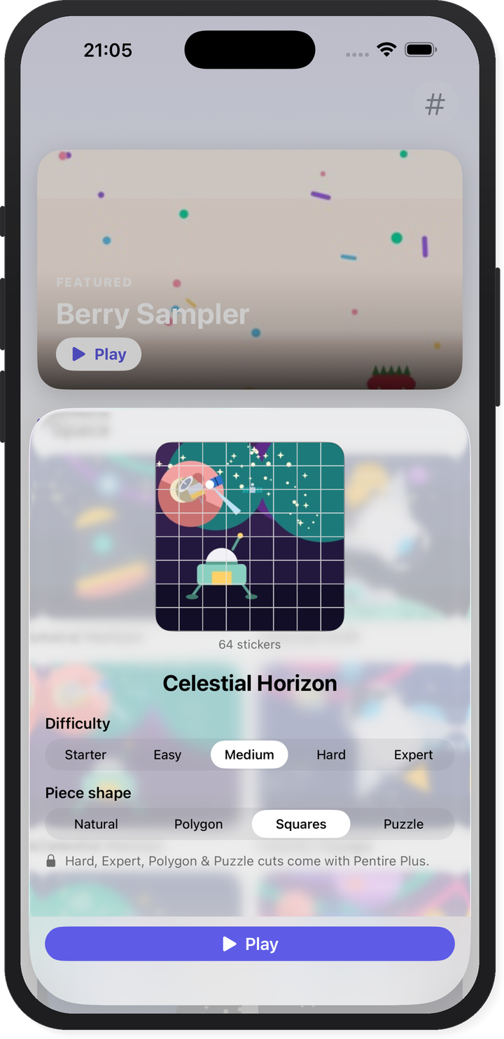Pentire puzzle options sheet with five difficulty levels from Starter to Expert, four piece shapes, and a live preview of the cut pattern