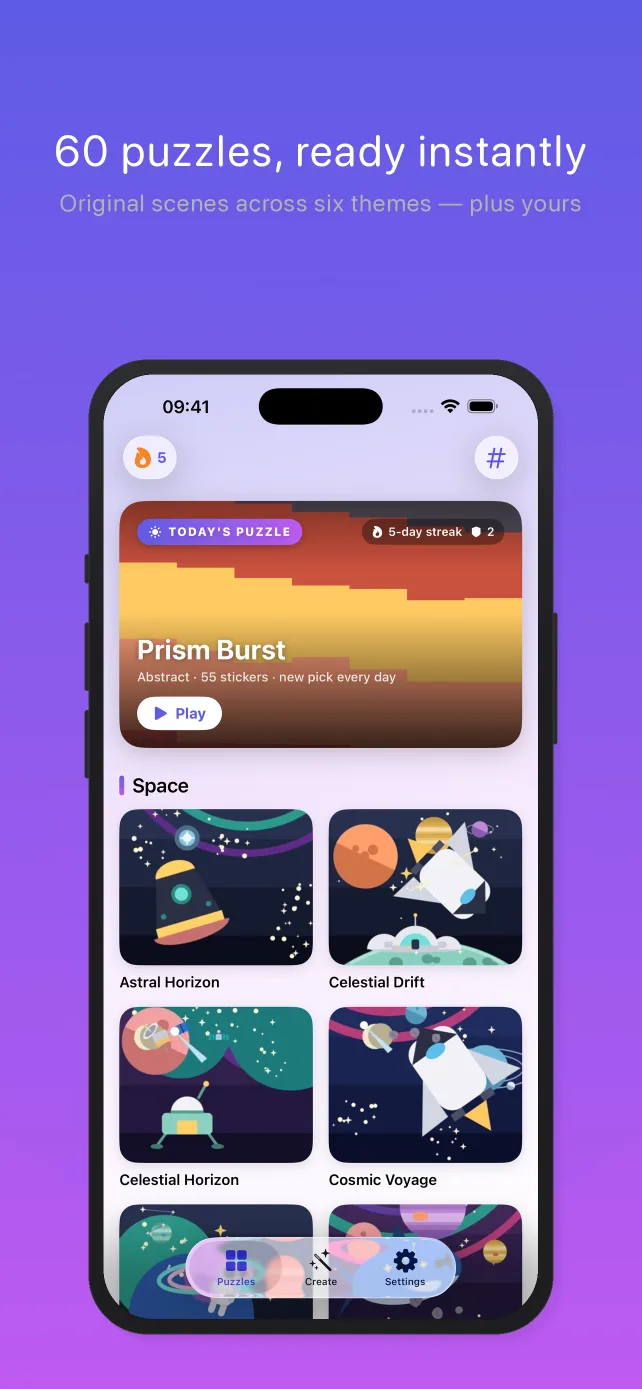 Pentire on an iPhone, captioned “60 puzzles, ready instantly”: the library screen with Today's Puzzle featured at the top and a grid of colorful original space puzzles below