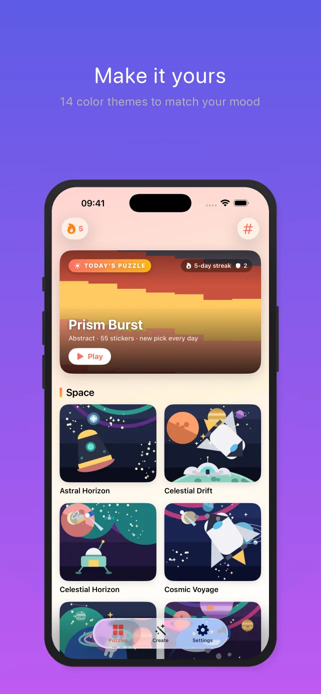 Pentire on an iPhone, captioned “Make it yours — 14 color themes to match your mood”: the library screen in a warm sunset theme